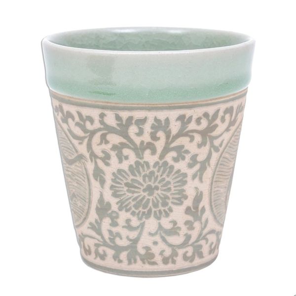 Alternate image for Celadon Glazed Ceramic Mug with Monkey from Thailand Thai Zodiac Monkey