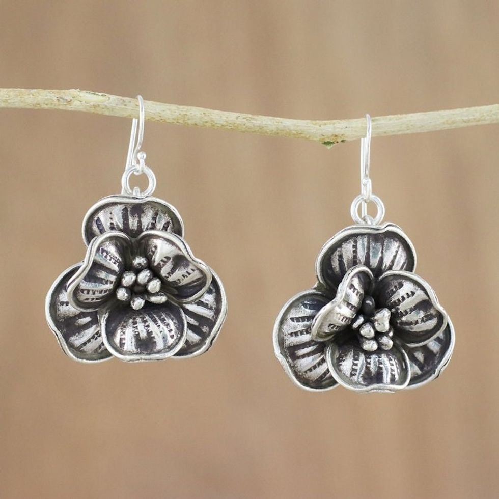 Sterling Silver and 950 Silver Flower Dangle Earrings 'Rare Flowers'