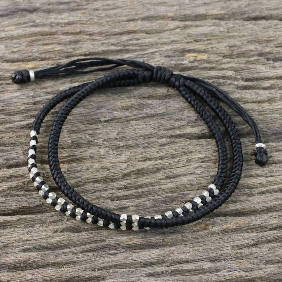 Black Braided Cord Bracelet with Silver 950 Beads 'Everyday Thai in Jet Black'
