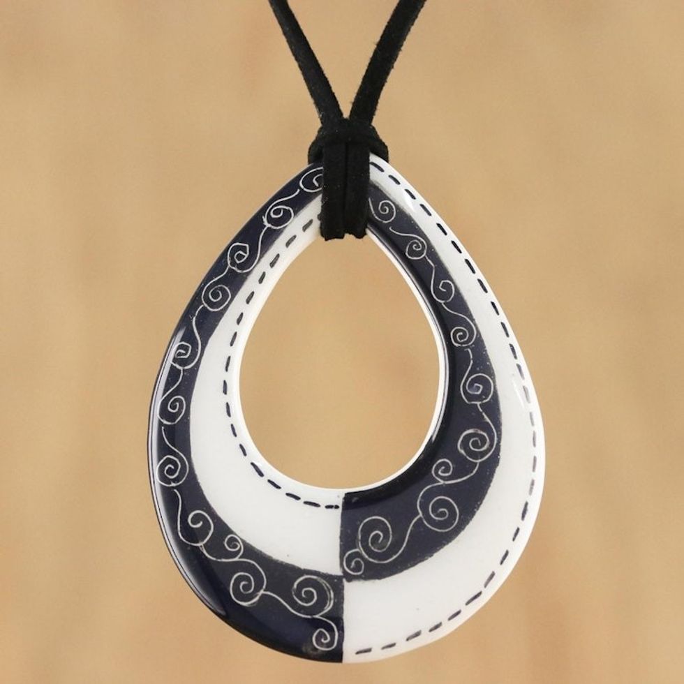 Adjustable Black and White Ceramic Teardrop Pendant Necklace 'Monochrome Magic'