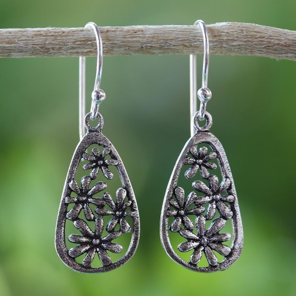 Artisan Crafted Antiqued Sterling Silver Flower Earrings 'Floral Showers'
