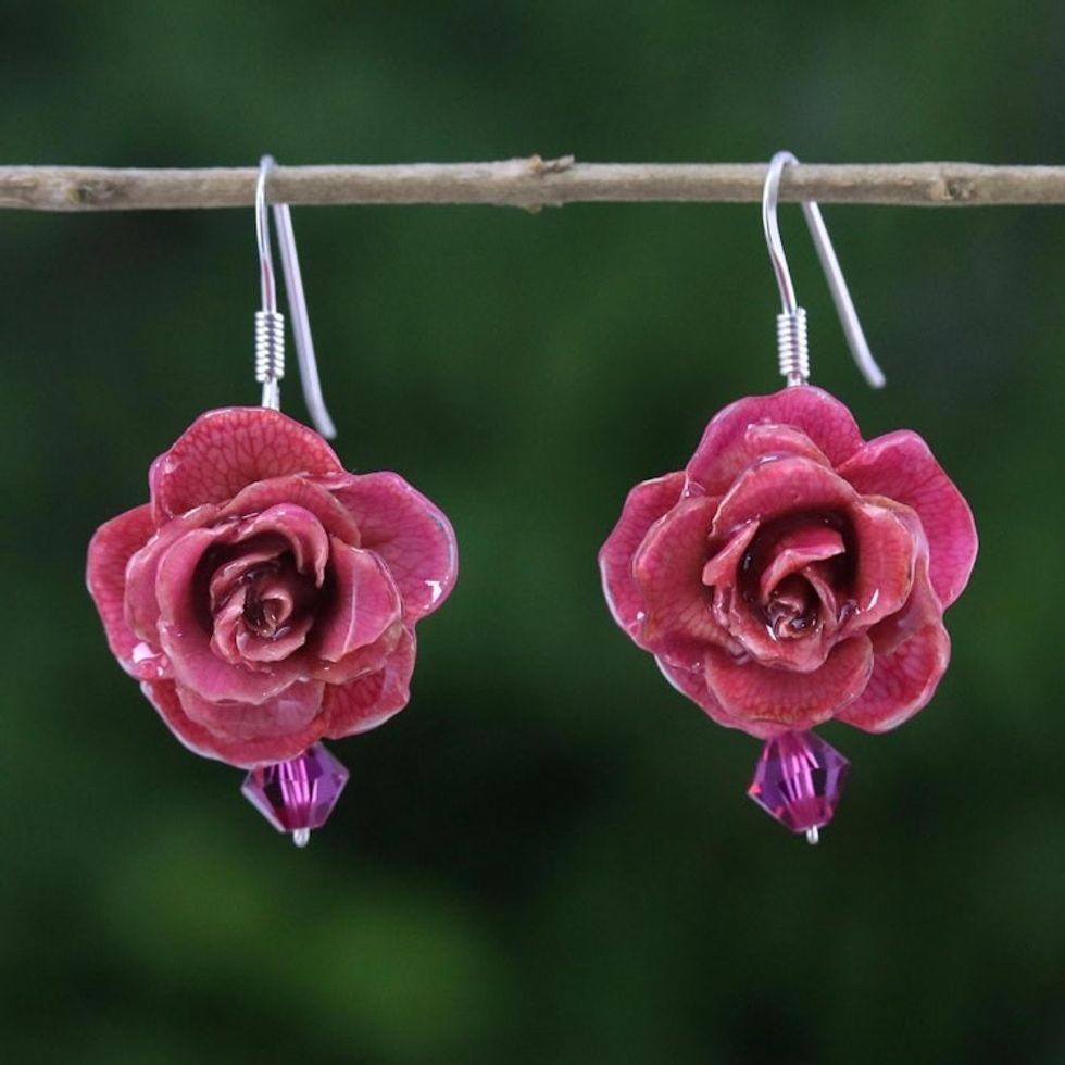Natural Rose Dangle Earrings in Cerise from Thailand 'Floral Temptation in Cerise'
