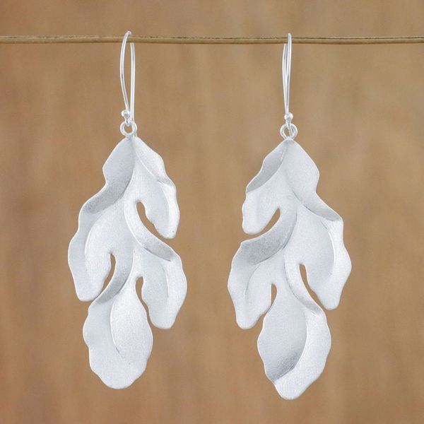 Alternate image for Thai Sterling Silver Dangle Earrings with Leaf Design Fronds