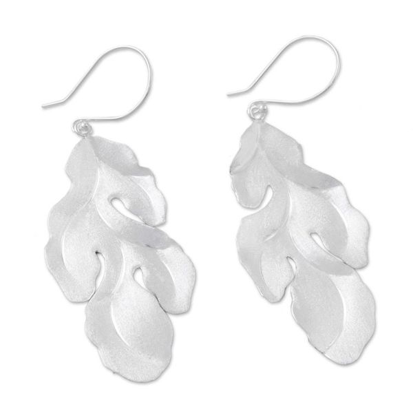 Alternate image for Thai Sterling Silver Dangle Earrings with Leaf Design Fronds