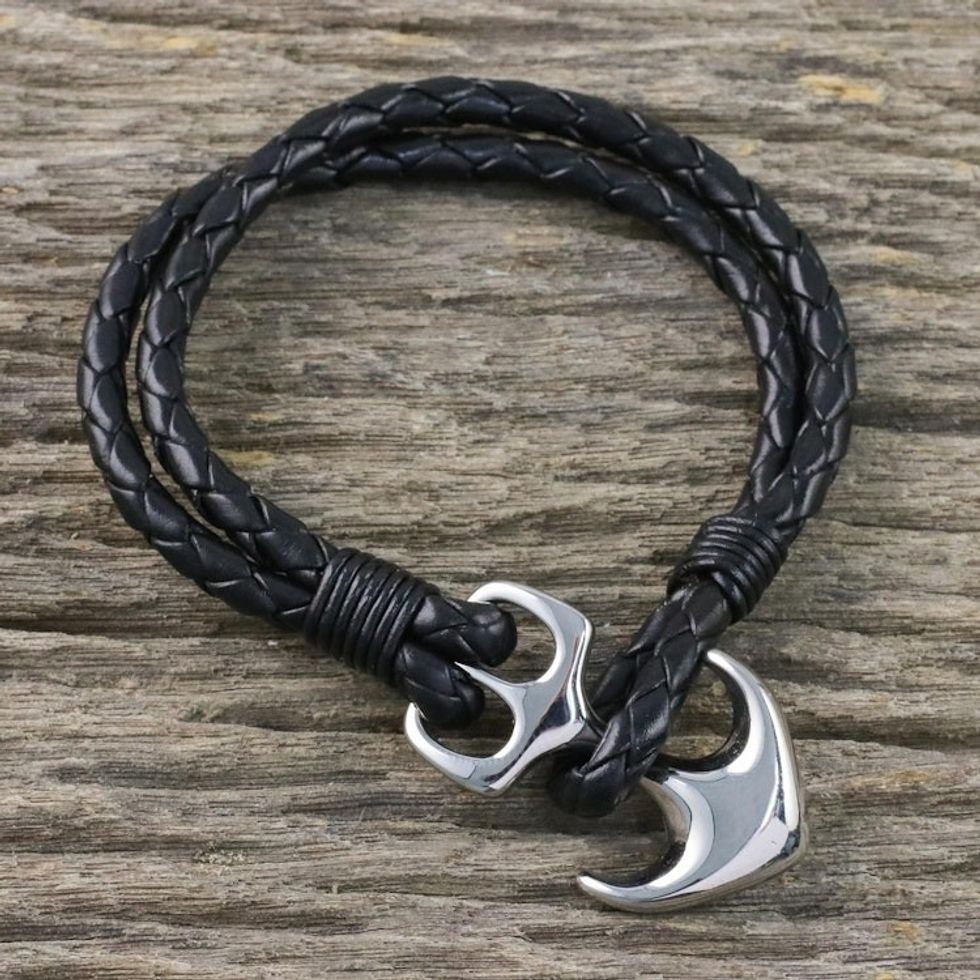 Two-Strand Leather Braided Bracelet in Black from Thailand 'Anchor Braid in Black'