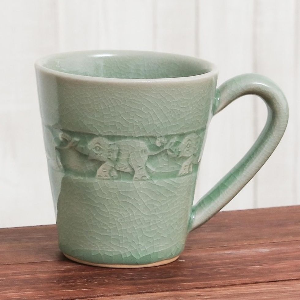 Hand Crafted Celadon Ceramic Elephant Mug from Thailand 'Elephant Babies'