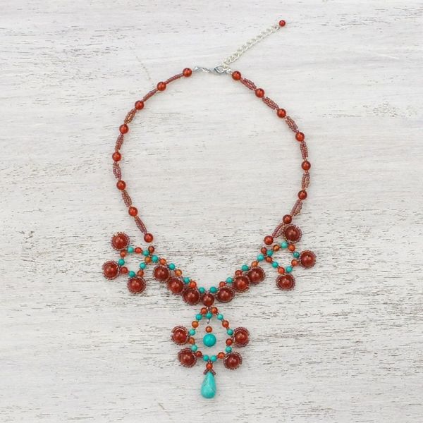 Alternate image for Carnelian and Calcite Beaded Pendant Necklace from Thailand Symmetrical Bubbles