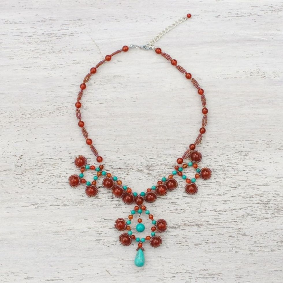 Carnelian and Calcite Beaded Pendant Necklace from Thailand 'Symmetrical Bubbles'