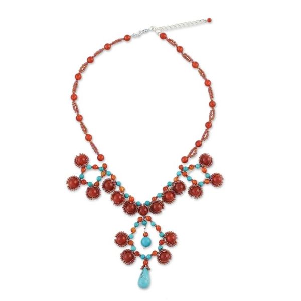 Alternate image for Carnelian and Calcite Beaded Pendant Necklace from Thailand Symmetrical Bubbles
