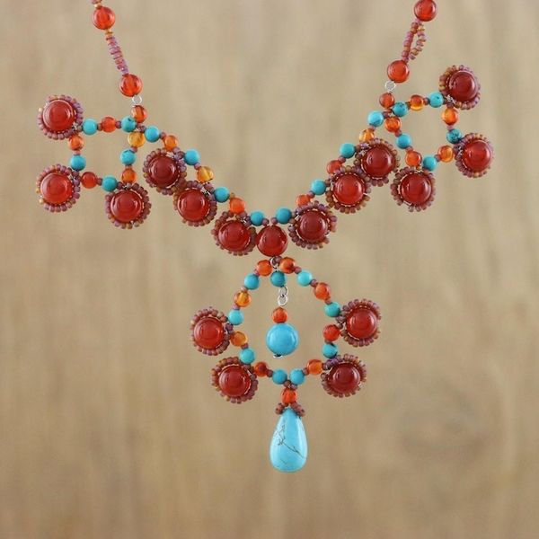 Alternate image for Carnelian and Calcite Beaded Pendant Necklace from Thailand Symmetrical Bubbles