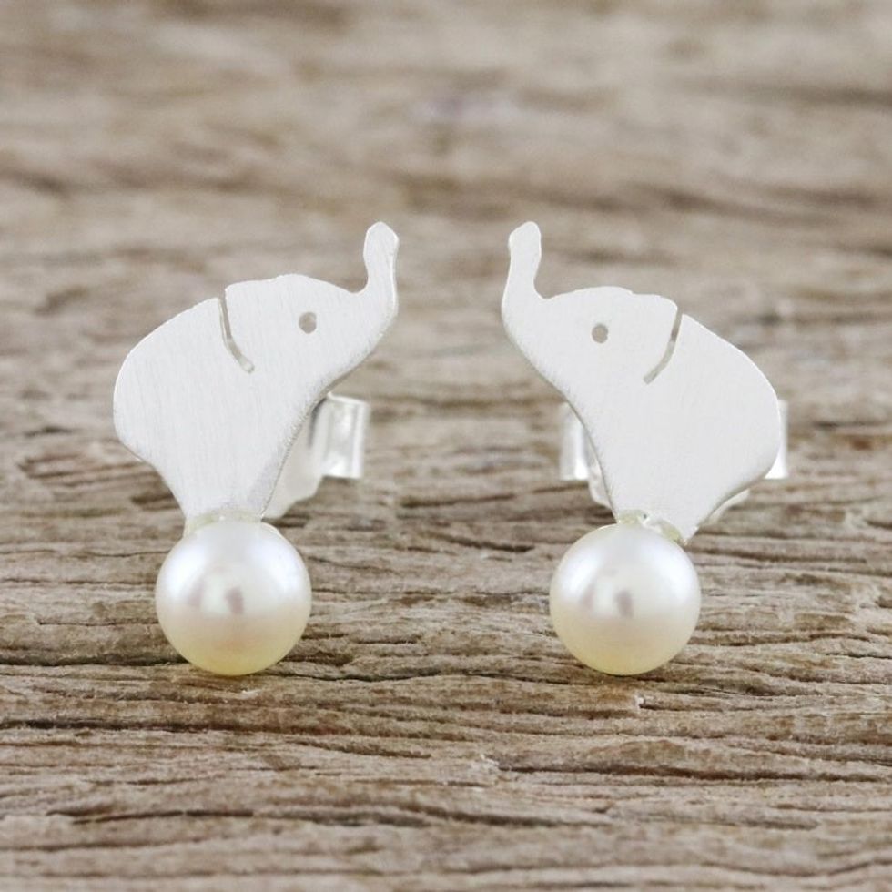 Cultured Pearl Elephant Button Earrings from Thailand 'Pure Elephants'