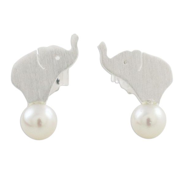 Alternate image for Cultured Pearl Elephant Button Earrings from Thailand Pure Elephants