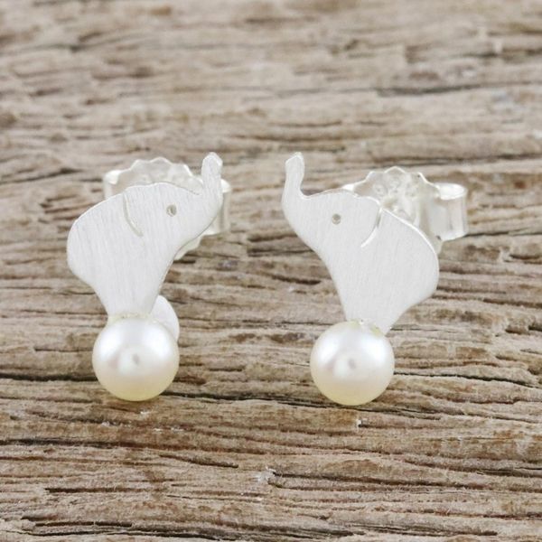 Alternate image for Cultured Pearl Elephant Button Earrings from Thailand Pure Elephants