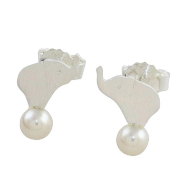 Alternate image for Cultured Pearl Elephant Button Earrings from Thailand Pure Elephants