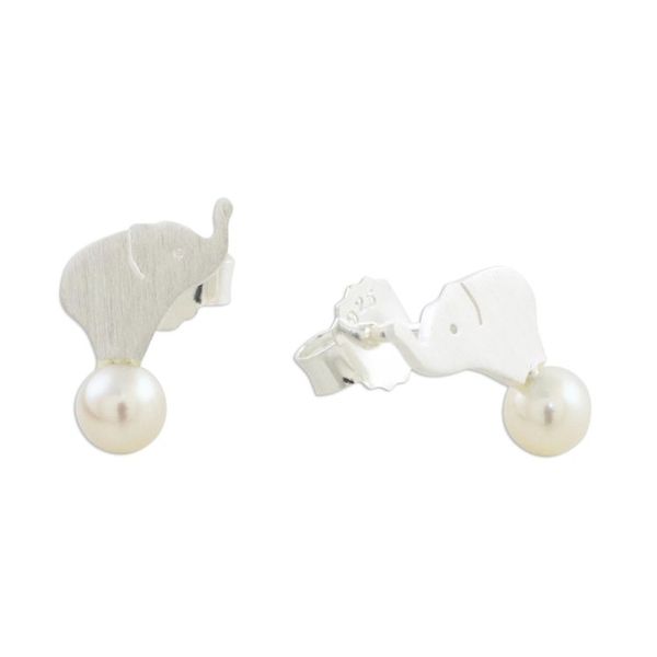 Alternate image for Cultured Pearl Elephant Button Earrings from Thailand Pure Elephants