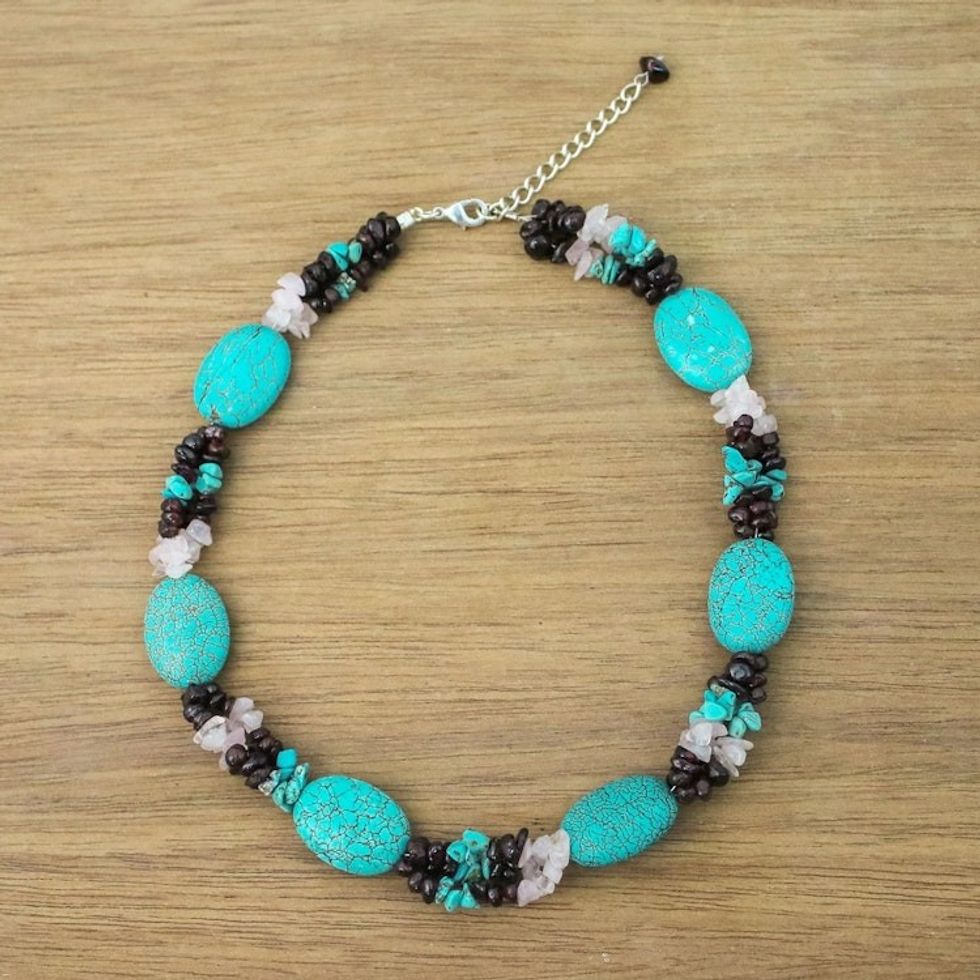 Handmade Calcite Garnet Rose Quartz Beaded Necklace 'Bramblebush Dream'