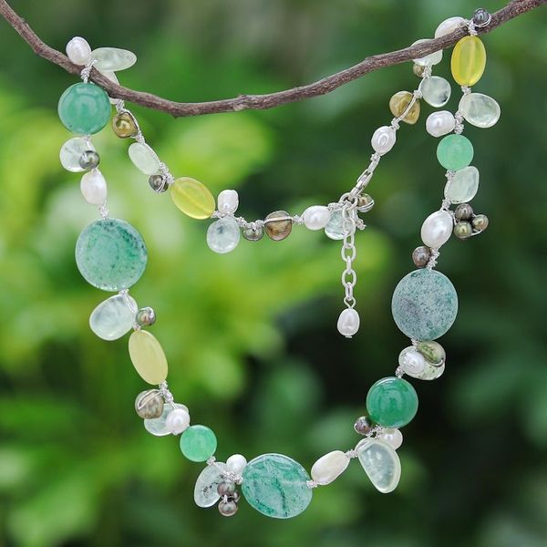 Alternate image for Handmade Quartz Cultured Pearl Beaded Necklace Honey Apple