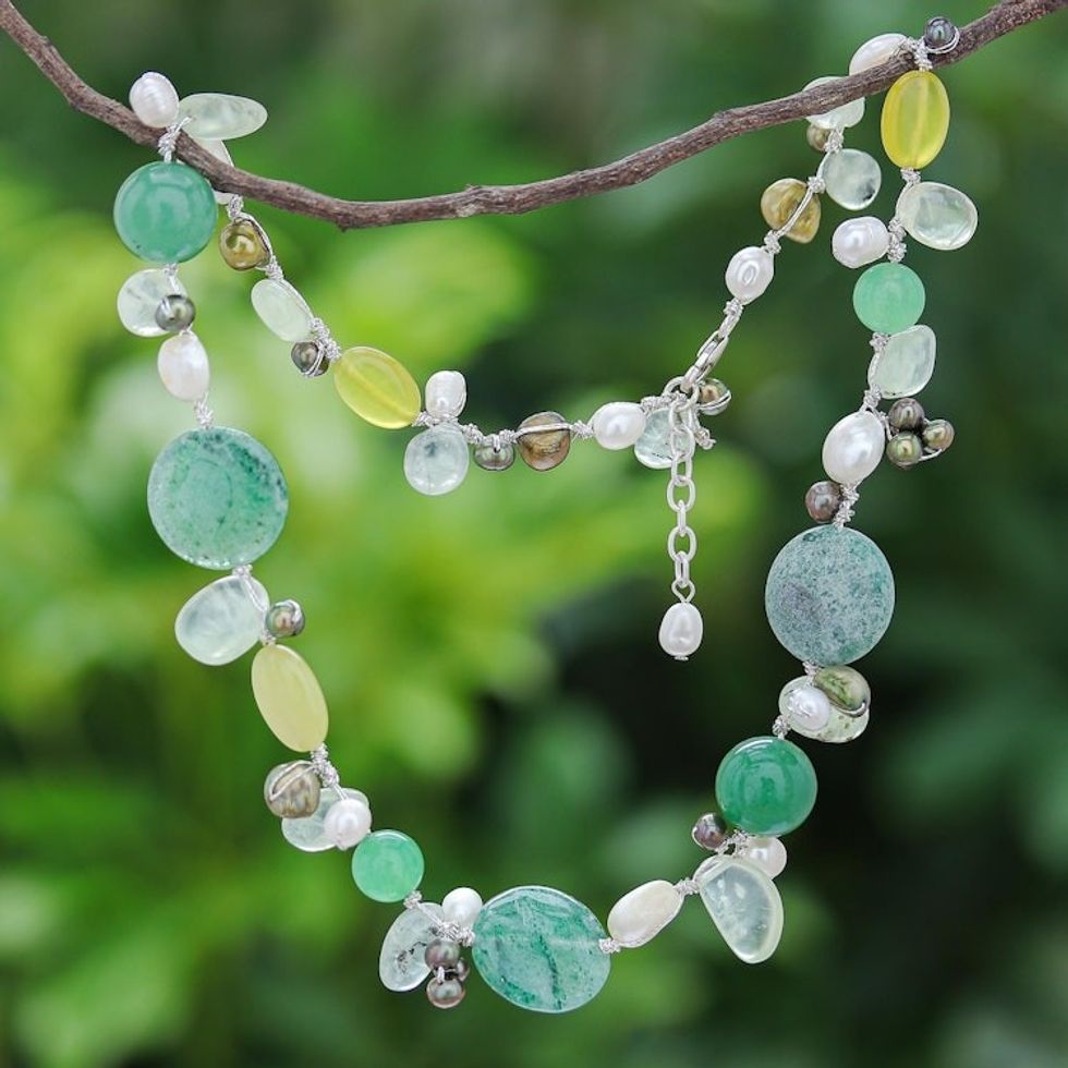 Handmade Quartz Cultured Pearl Beaded Necklace 'Honey Apple'