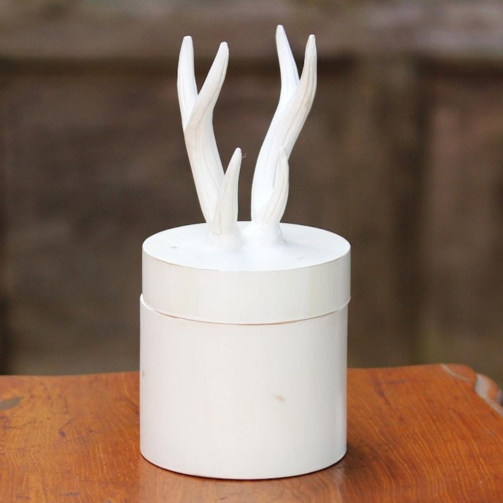 Hand Crafted White Decorative Box with Antlers from Thailand 'Antlers'