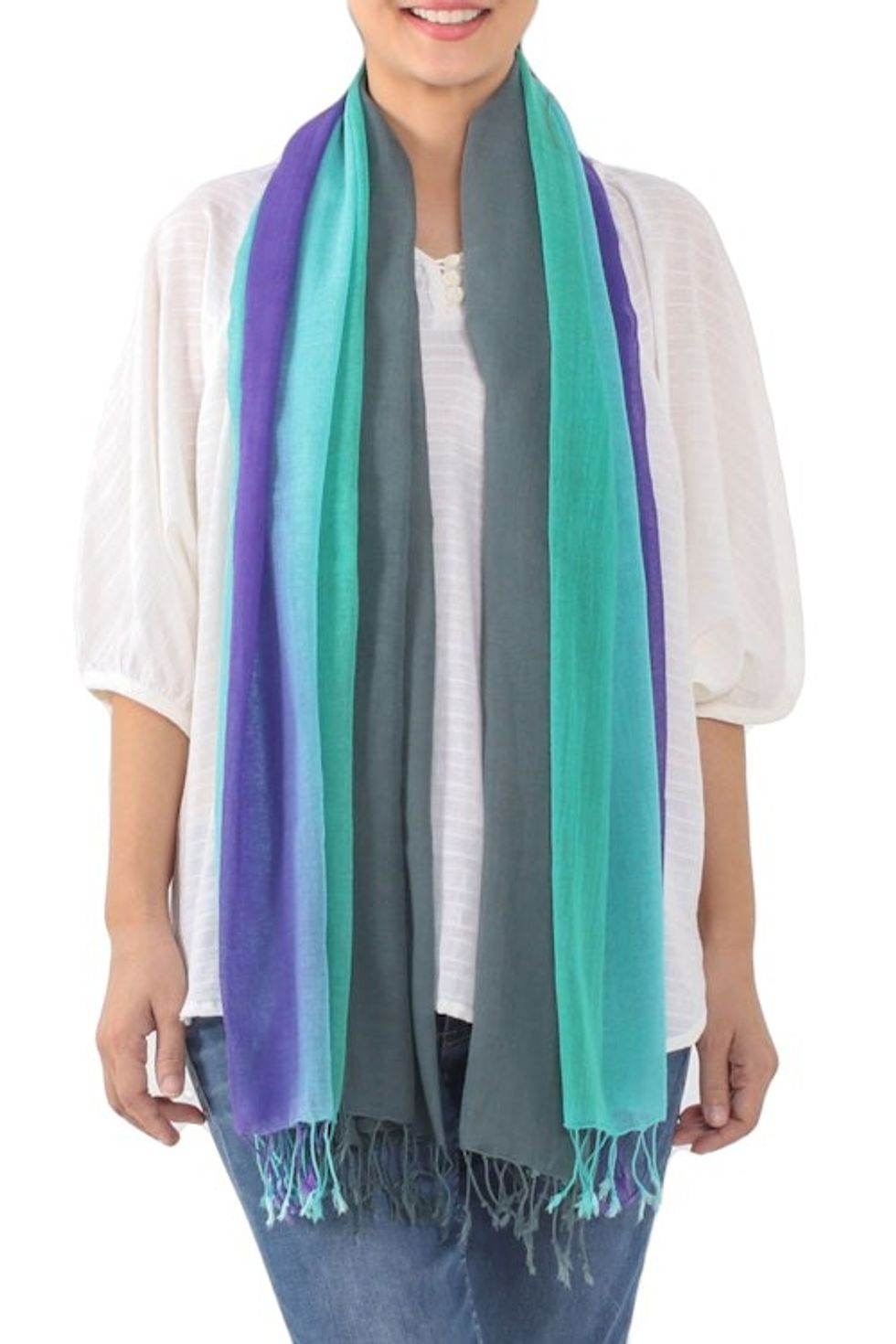 Fringed Striped Cotton Wrap Scarves from Thailand Pair 'Meadow Breeze'