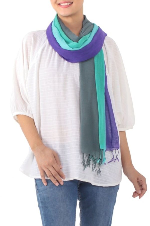 Alternate image for Fringed Striped Cotton Wrap Scarves from Thailand Pair Meadow Breeze