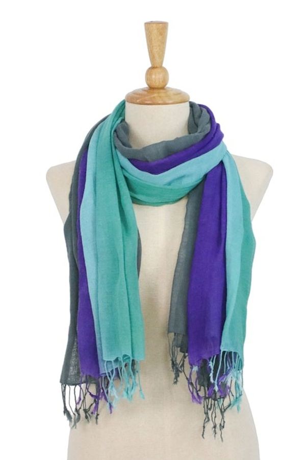Alternate image for Fringed Striped Cotton Wrap Scarves from Thailand Pair Meadow Breeze