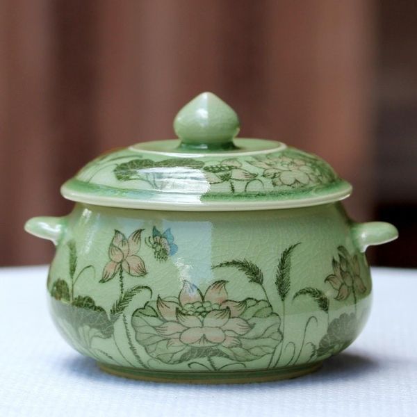 Alternate image for Celadon Ceramic Floral Soup Bowl with Lid from Thailand Lotus Bouquet