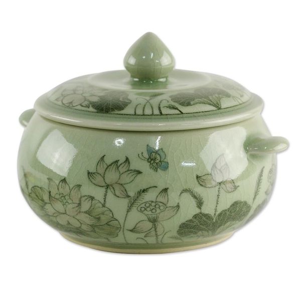 Alternate image for Celadon Ceramic Floral Soup Bowl with Lid from Thailand Lotus Bouquet