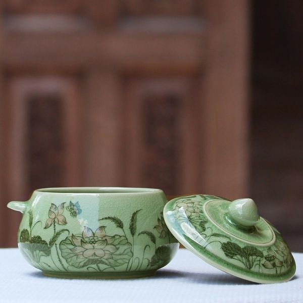 Alternate image for Celadon Ceramic Floral Soup Bowl with Lid from Thailand Lotus Bouquet