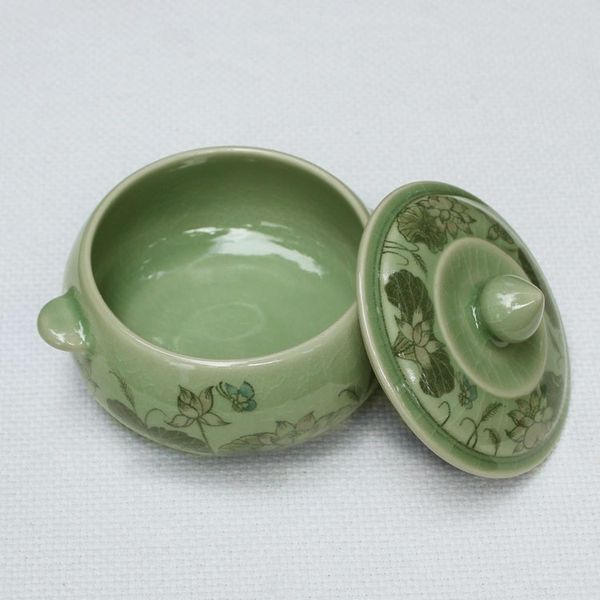Alternate image for Celadon Ceramic Floral Soup Bowl with Lid from Thailand Lotus Bouquet