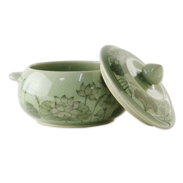 Alternate image for Celadon Ceramic Floral Soup Bowl with Lid from Thailand Lotus Bouquet