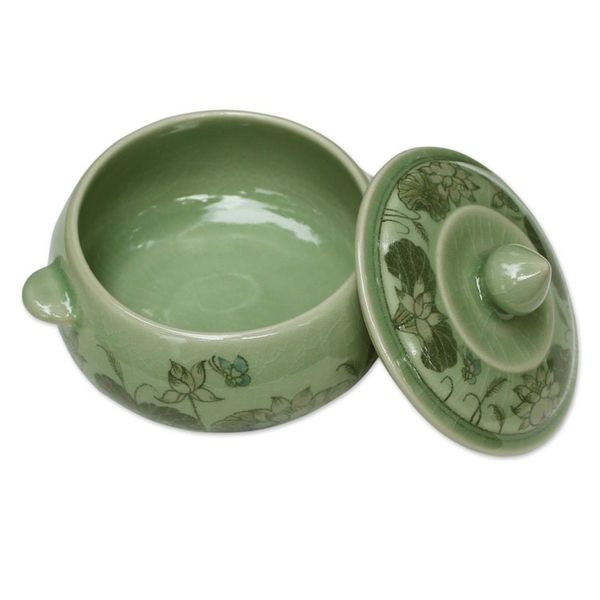 Alternate image for Celadon Ceramic Floral Soup Bowl with Lid from Thailand Lotus Bouquet