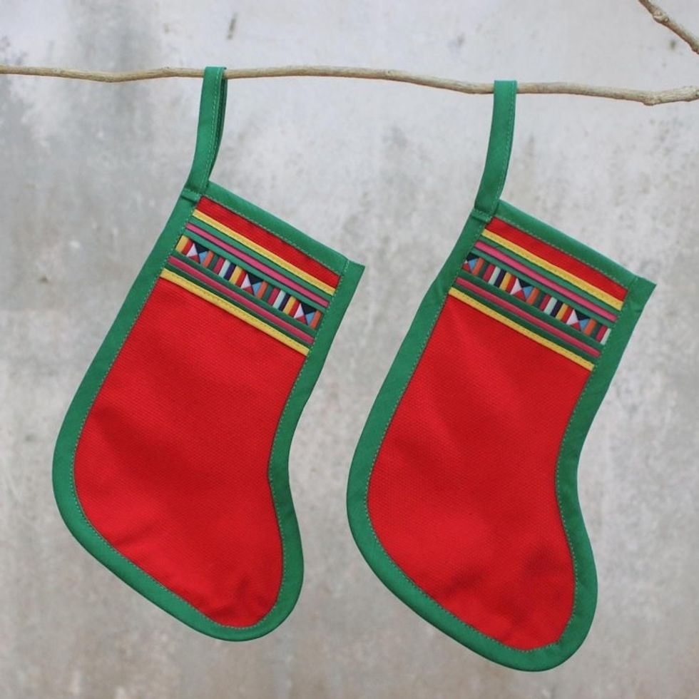 Pair of Cotton Blend Stockings Ornaments from Thailand 'Lisu Stockings in Red'