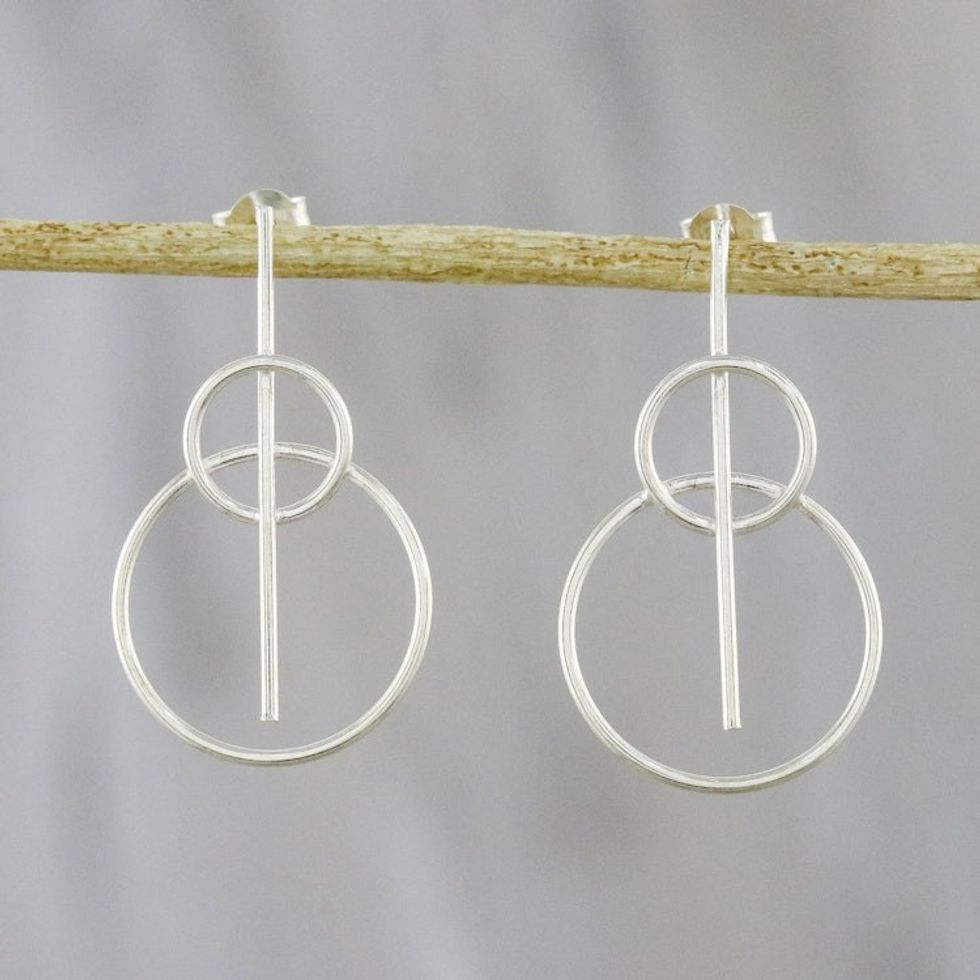 Circle-Motif Sterling Silver Drop Earrings from Thailand 'Rings of Light'