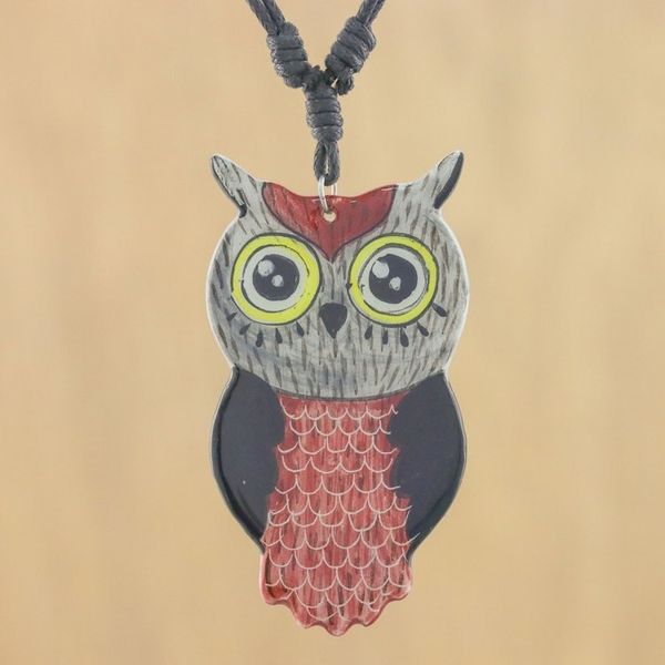 Alternate image for Thai Handmade Ceramic Owl Pendant Necklace Alluring Red Owl