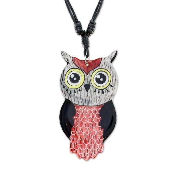 Alternate image for Thai Handmade Ceramic Owl Pendant Necklace Alluring Red Owl
