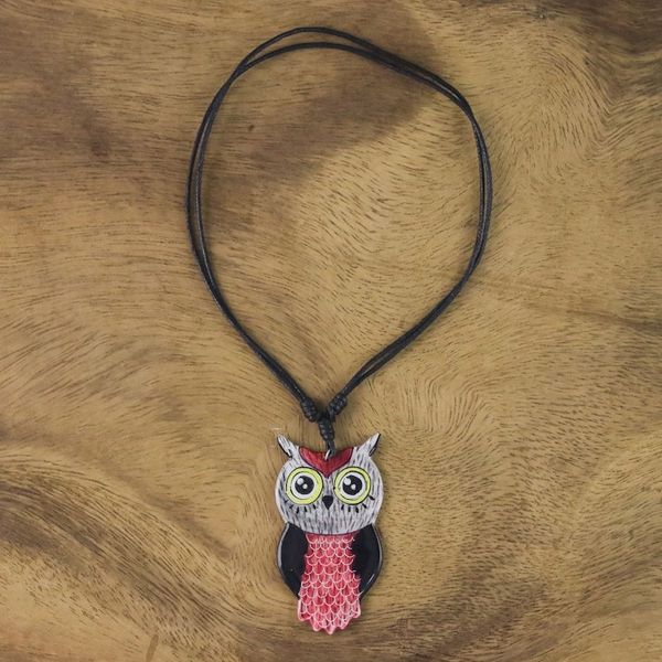 Alternate image for Thai Handmade Ceramic Owl Pendant Necklace Alluring Red Owl
