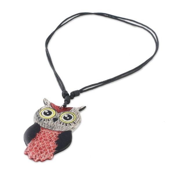 Alternate image for Thai Handmade Ceramic Owl Pendant Necklace Alluring Red Owl