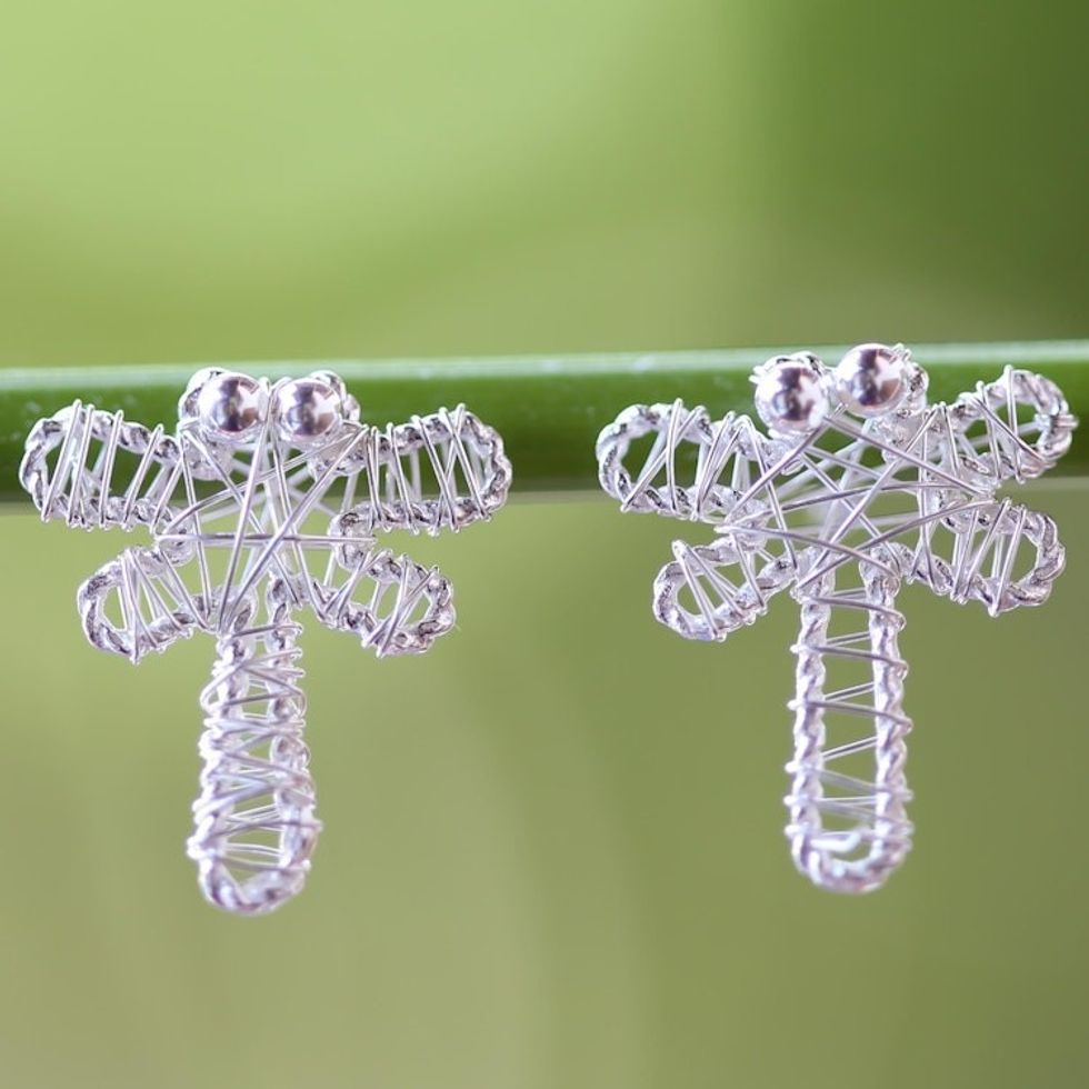 Artisan Crafted Sterling Silver Dragonfly Drop Earrings 'Dragonfly Wrap'