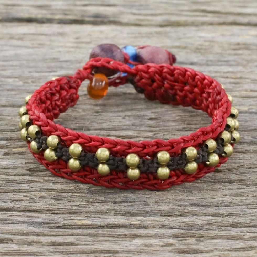 Brass Beaded Wristband Bracelet in Red from Thailand 'Siam Beauty in Red'