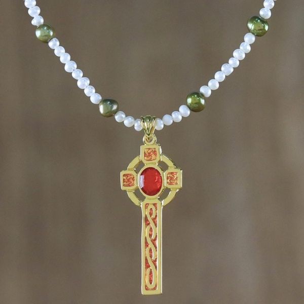 Alternate image for Gold Plated Cultured Pearl Red Cross Necklace from Thailand Faithful Soul in Red