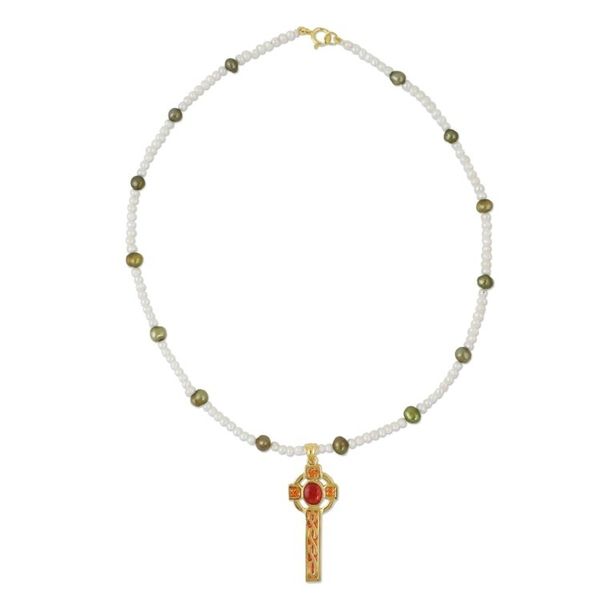 Alternate image for Gold Plated Cultured Pearl Red Cross Necklace from Thailand Faithful Soul in Red
