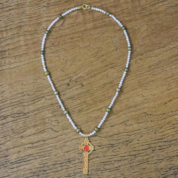 Alternate image for Gold Plated Cultured Pearl Red Cross Necklace from Thailand Faithful Soul in Red