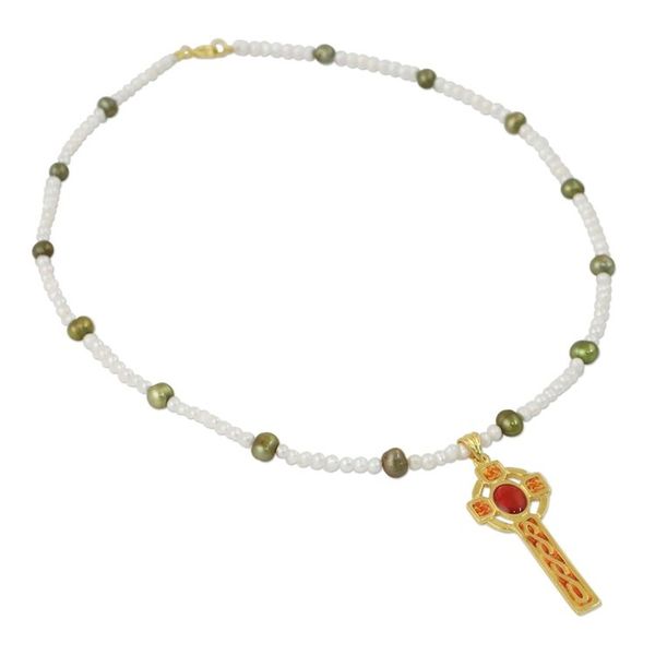 Alternate image for Gold Plated Cultured Pearl Red Cross Necklace from Thailand Faithful Soul in Red