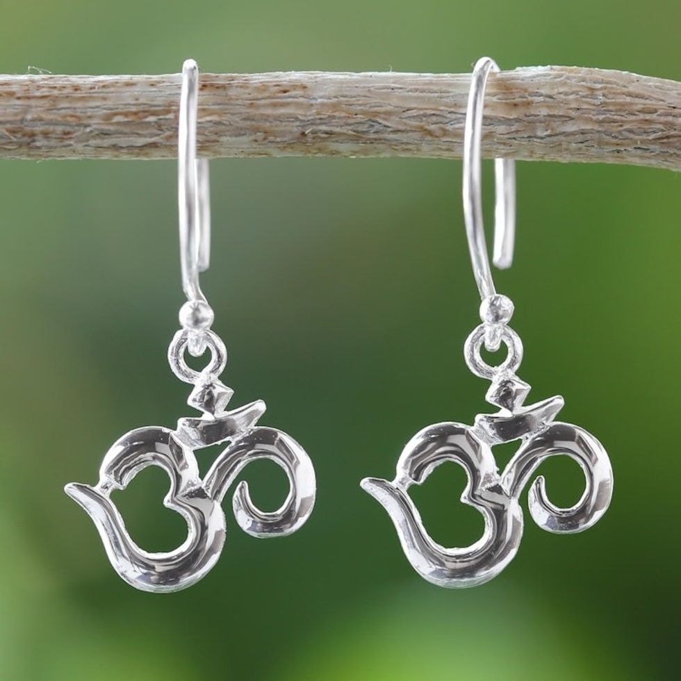 Hindu Om Symbol 925 Sterling Silver Earrings from Thailand 'Om Shine'