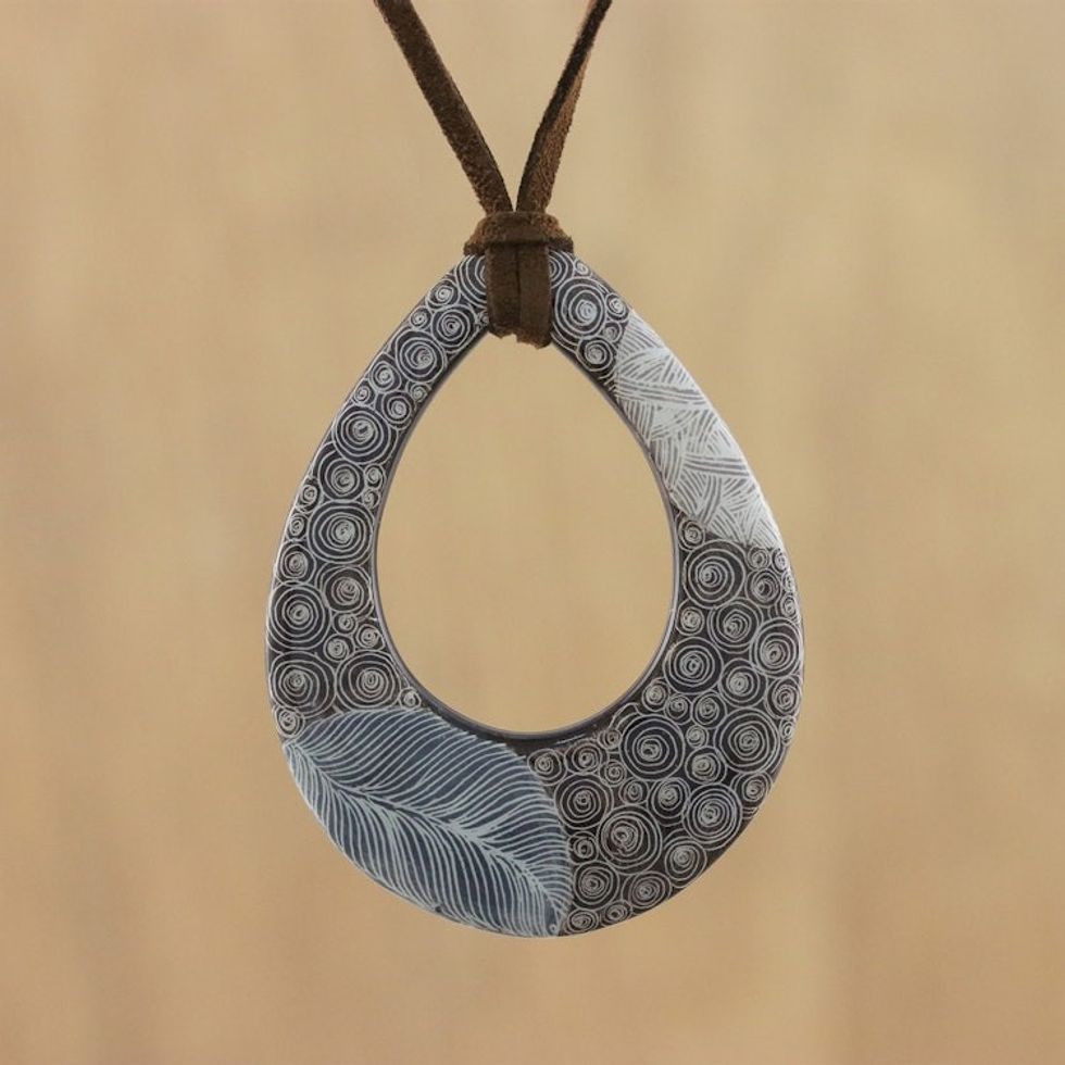 Ceramic Thai Handmade Brown Leaf Pattern Pendant Necklace 'Brown Mist'