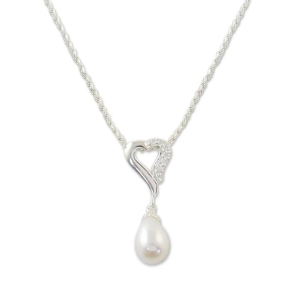 Alternate image for Cultured Pearl and Cubic Zirconia Pendant Necklace Cozy Heart