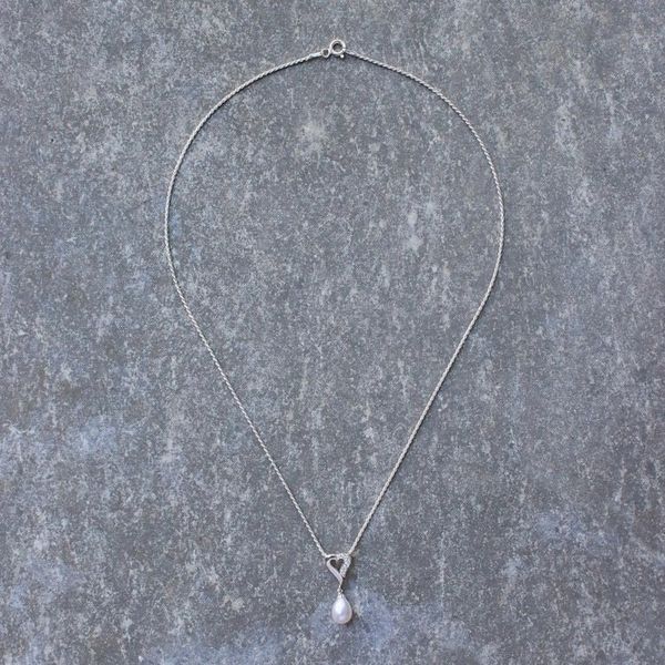 Alternate image for Cultured Pearl and Cubic Zirconia Pendant Necklace Cozy Heart