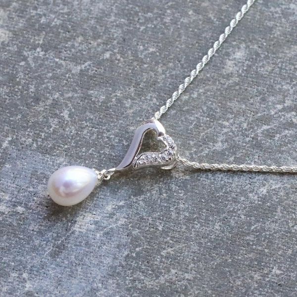 Alternate image for Cultured Pearl and Cubic Zirconia Pendant Necklace Cozy Heart