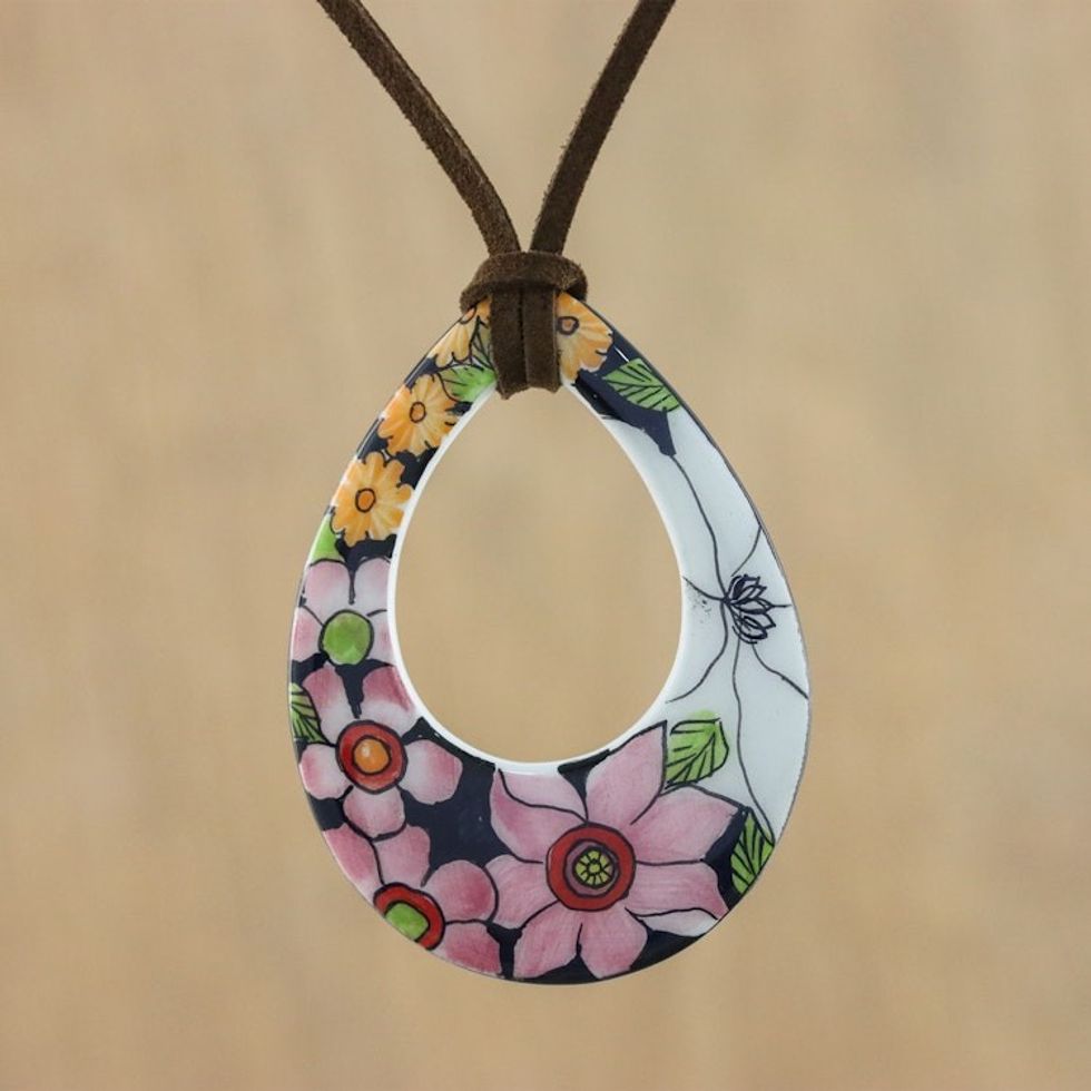 Ceramic Floral Pendant Necklace on a Faux Suede Cord 'Bursting Blooms'